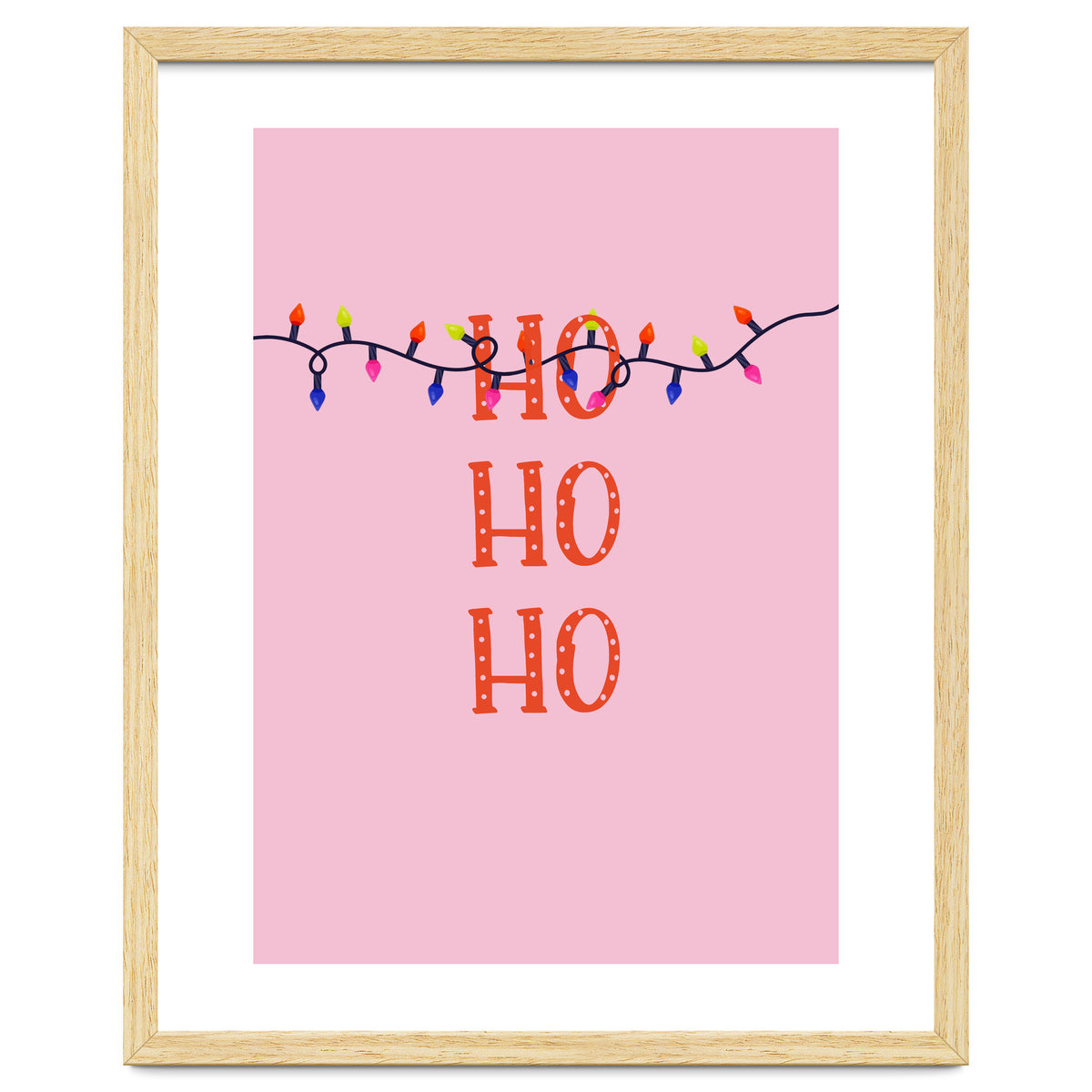 HO HO HO Christmas Lights Art, Pink Holiday Illustration, Modern Festive Quote