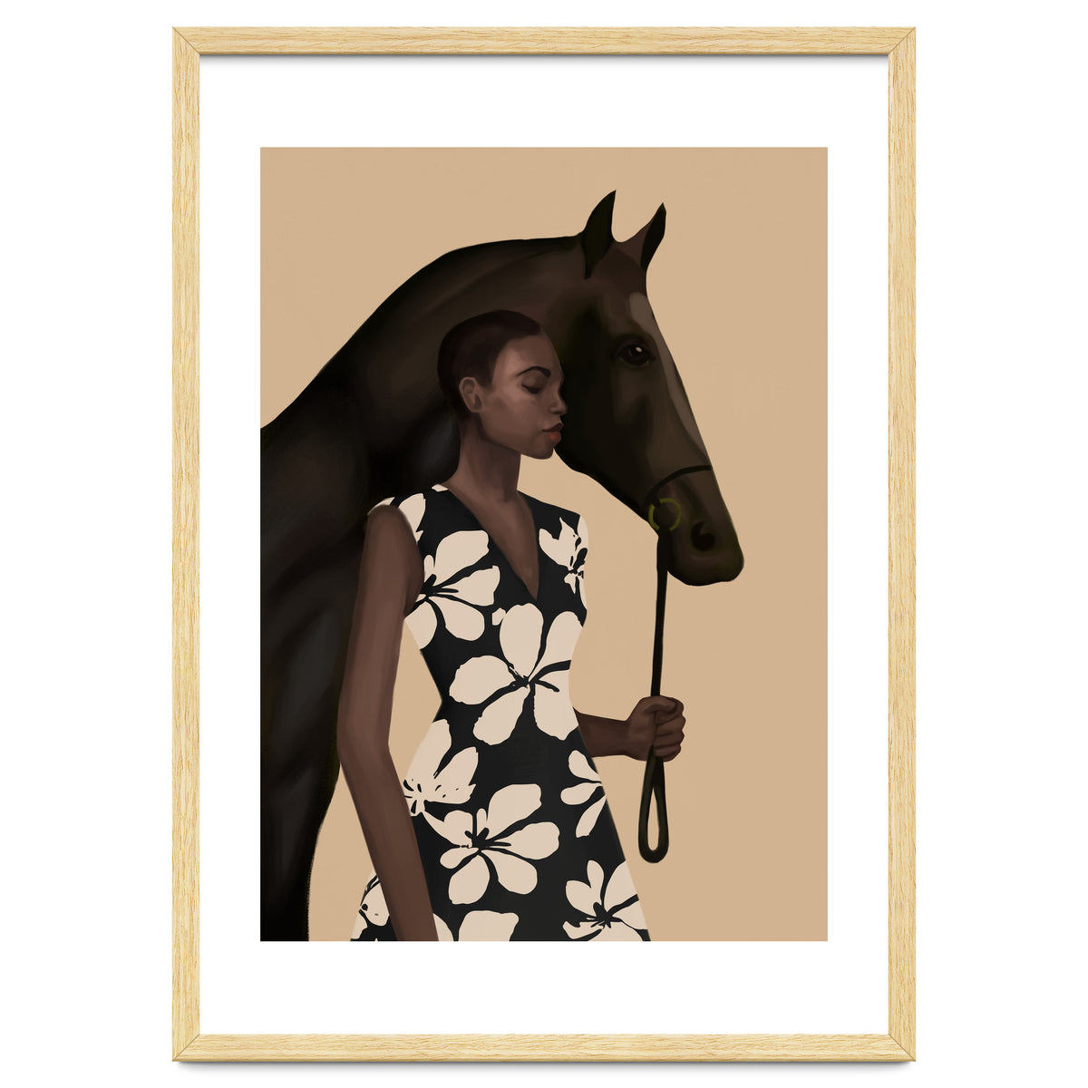 Woman In Bold Print With Black Horse