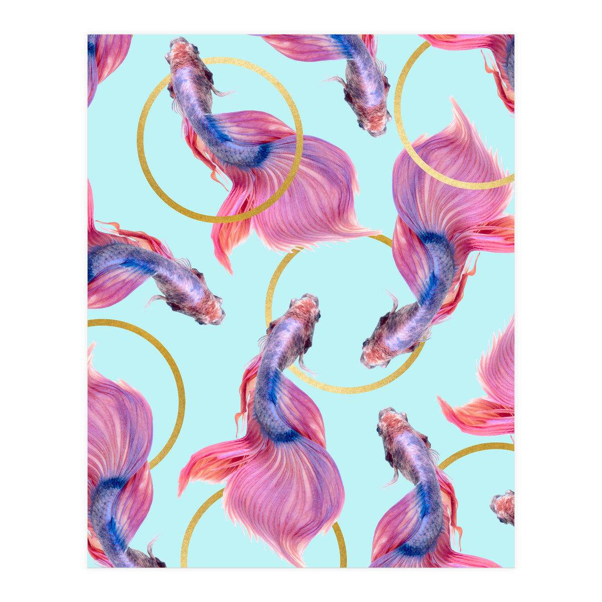 HullaHoops, Eclectic Colorful Fish Graphic Design, Animals Gold Rings Surrealism Quirky (Print Only)