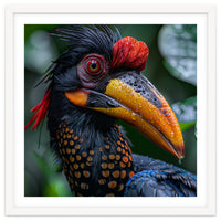 Close Up Of Helmeted Hornbill Bird In Rain