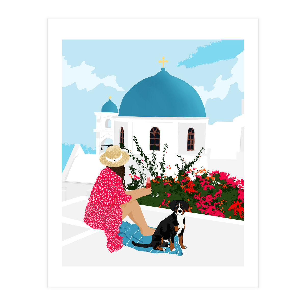 Greek Staycation, Pets Santorini Tropical Summer Travel, Dog White Buildings Architecture Fashion Bohemian (Print Only)