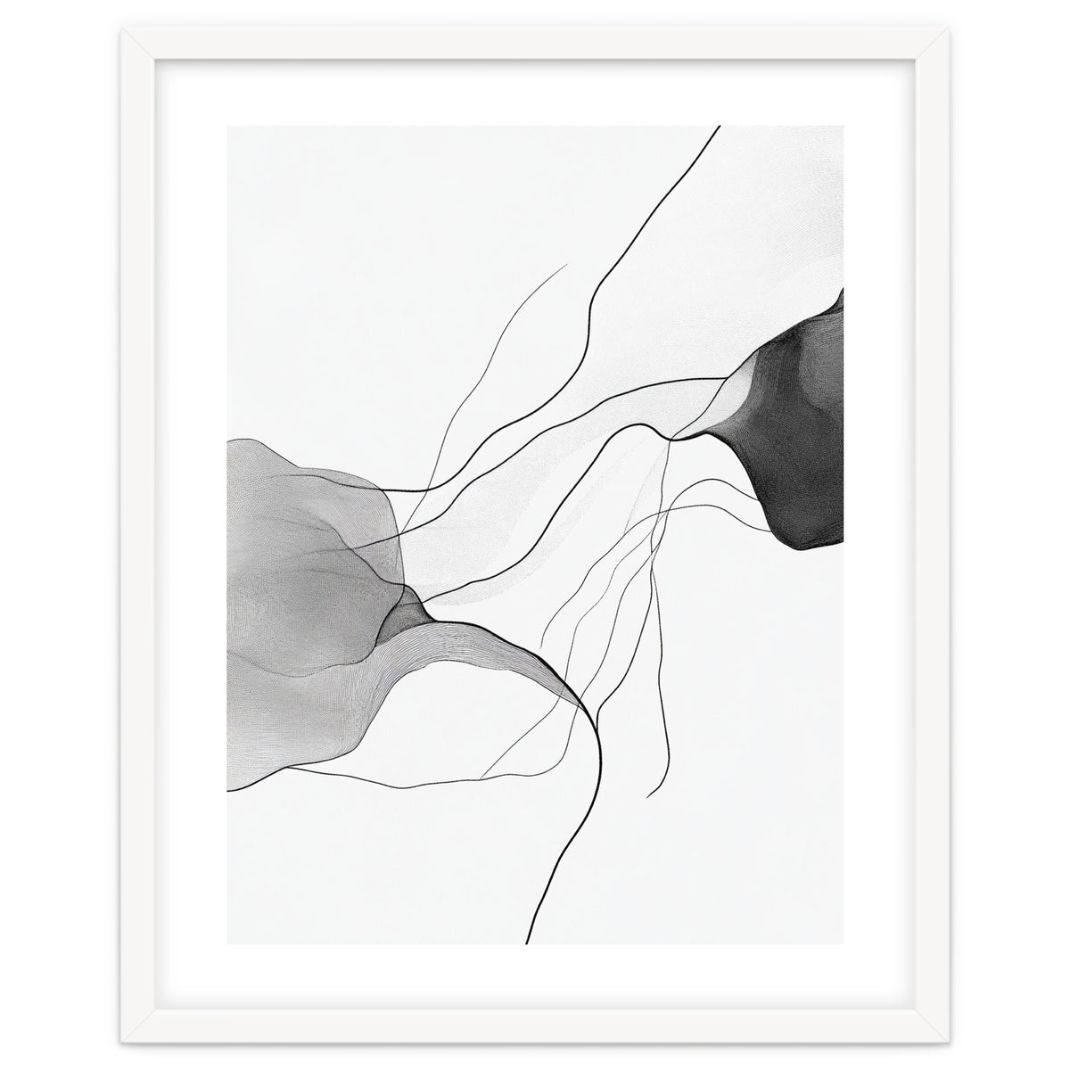 Abstract Black And White Flowing Lines And Shapes On White Background