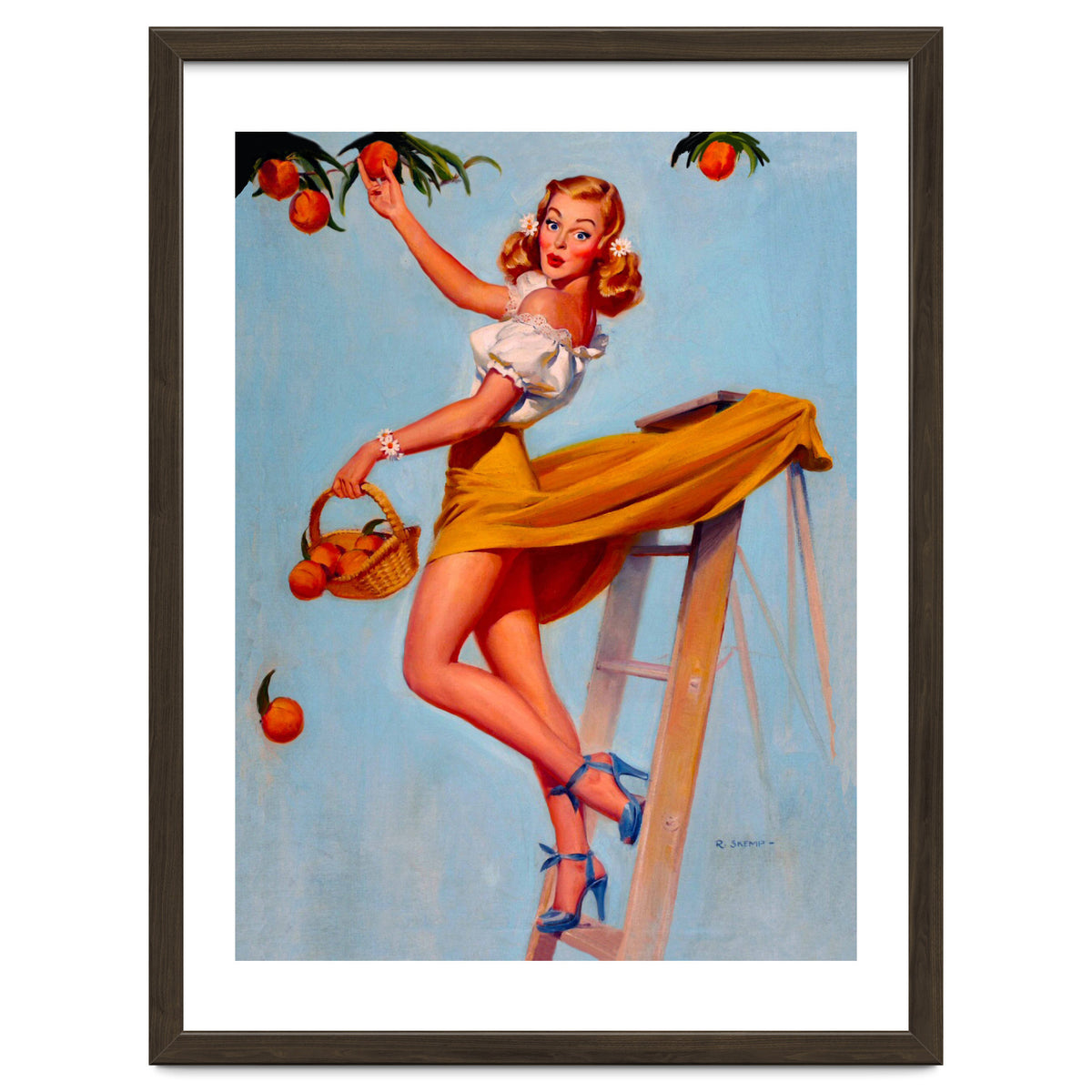 Pinup Sexy Woman Picking Oranges On A Tree Branch