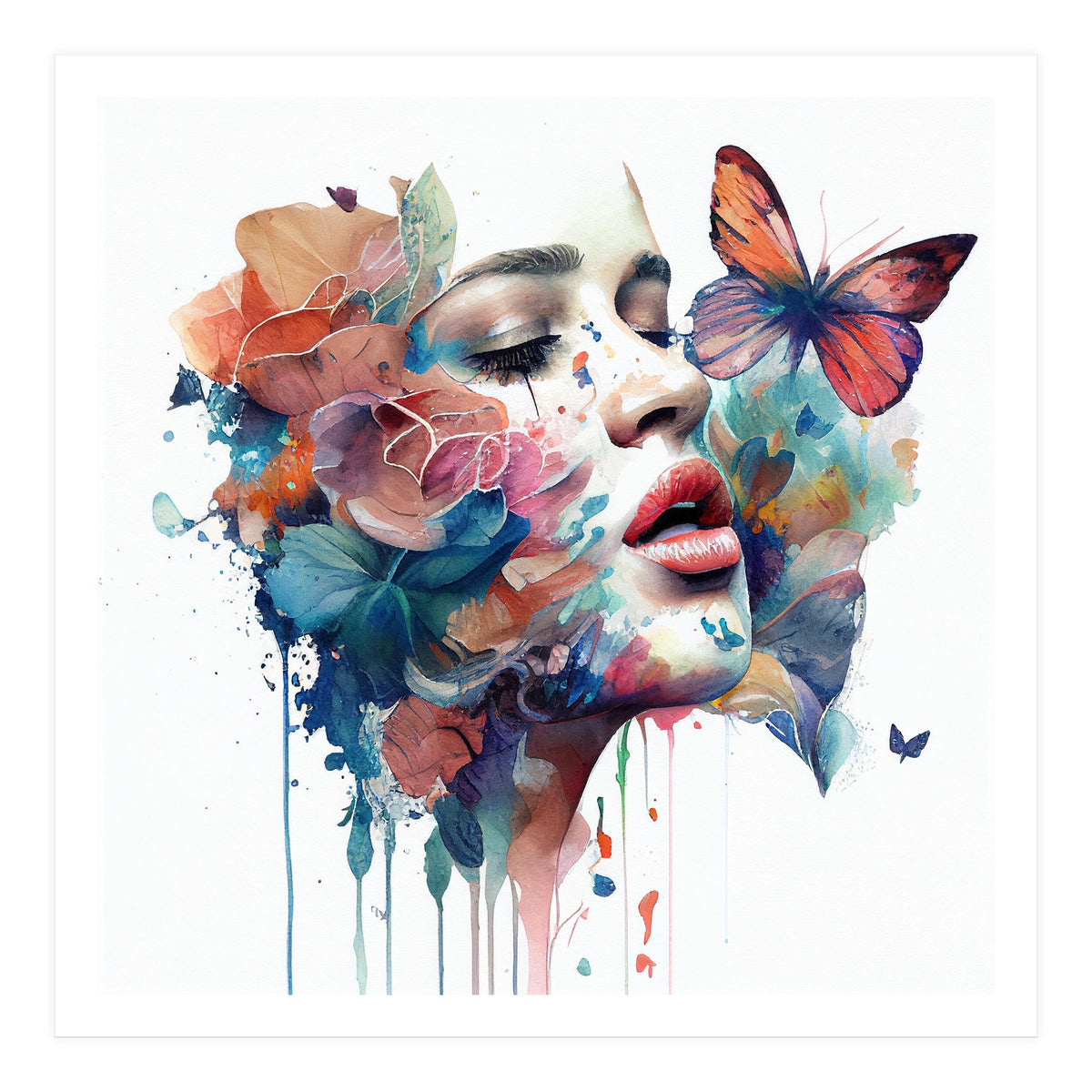 Watercolor Floral Woman Face #1 (Print Only)