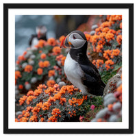 Atlantic Puffin Bird Perched On Orange Flowers