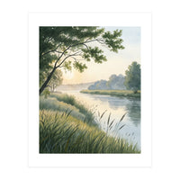 Serene River Sunrise Watercolor Painting with Meadow Grasses and Warm Golden Atmosphere Landscape (Print Only)
