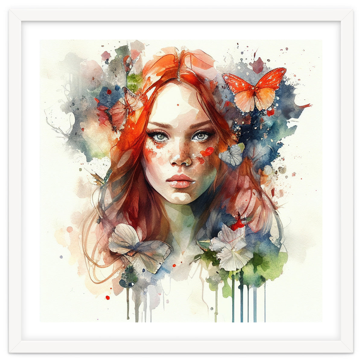 Watercolor Floral Red Hair Woman #7
