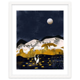 Midnight Lake, Stork Wildlife Animals Abstract Painting, Nature Landscape Travel Adventure Full Moon Night, Eclectic Gold Birds Magical Bohemian thumbnail