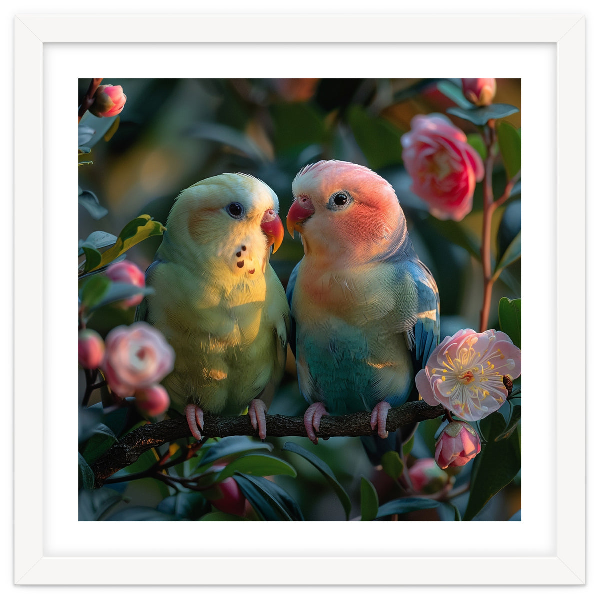 Two Lovebirds Perched On A Branch Near Flowers