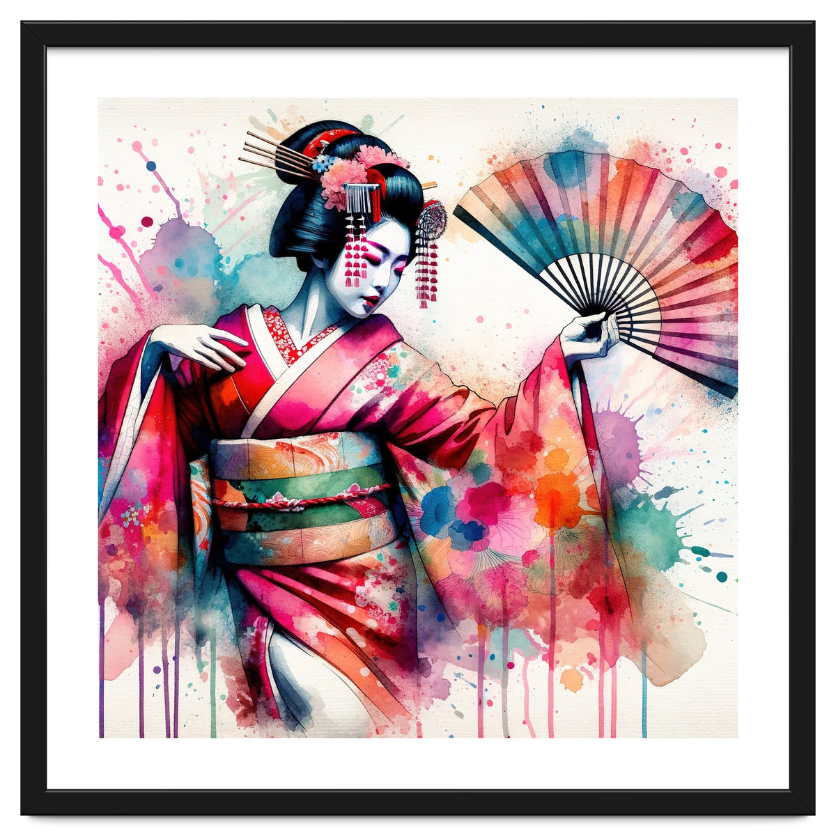 Vibrant Geisha With Rainbow Hand Fan