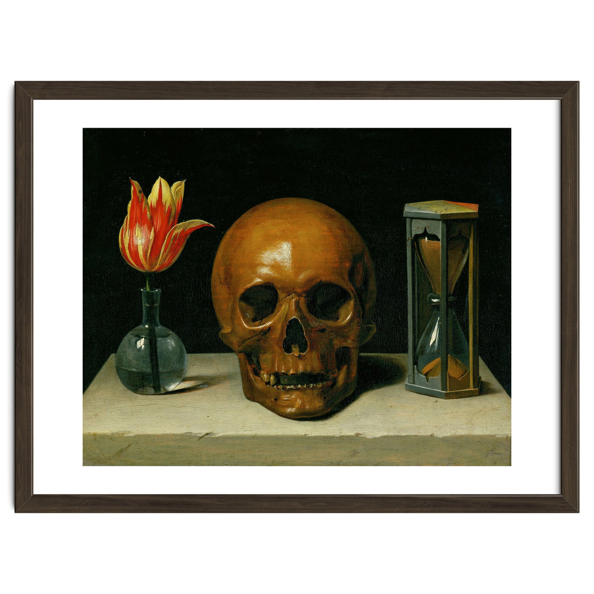 Vanitas, allegory of fleeting time with skull and hour-glass. Oil on canvas.