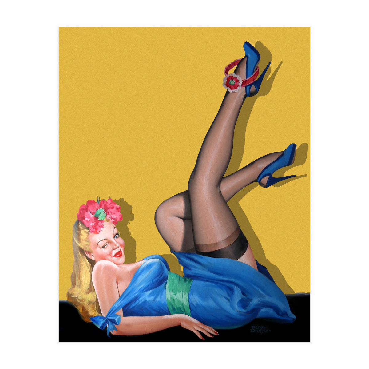 Sexy Pinup Winking Girl In Showing Her New High Heels (Print Only)