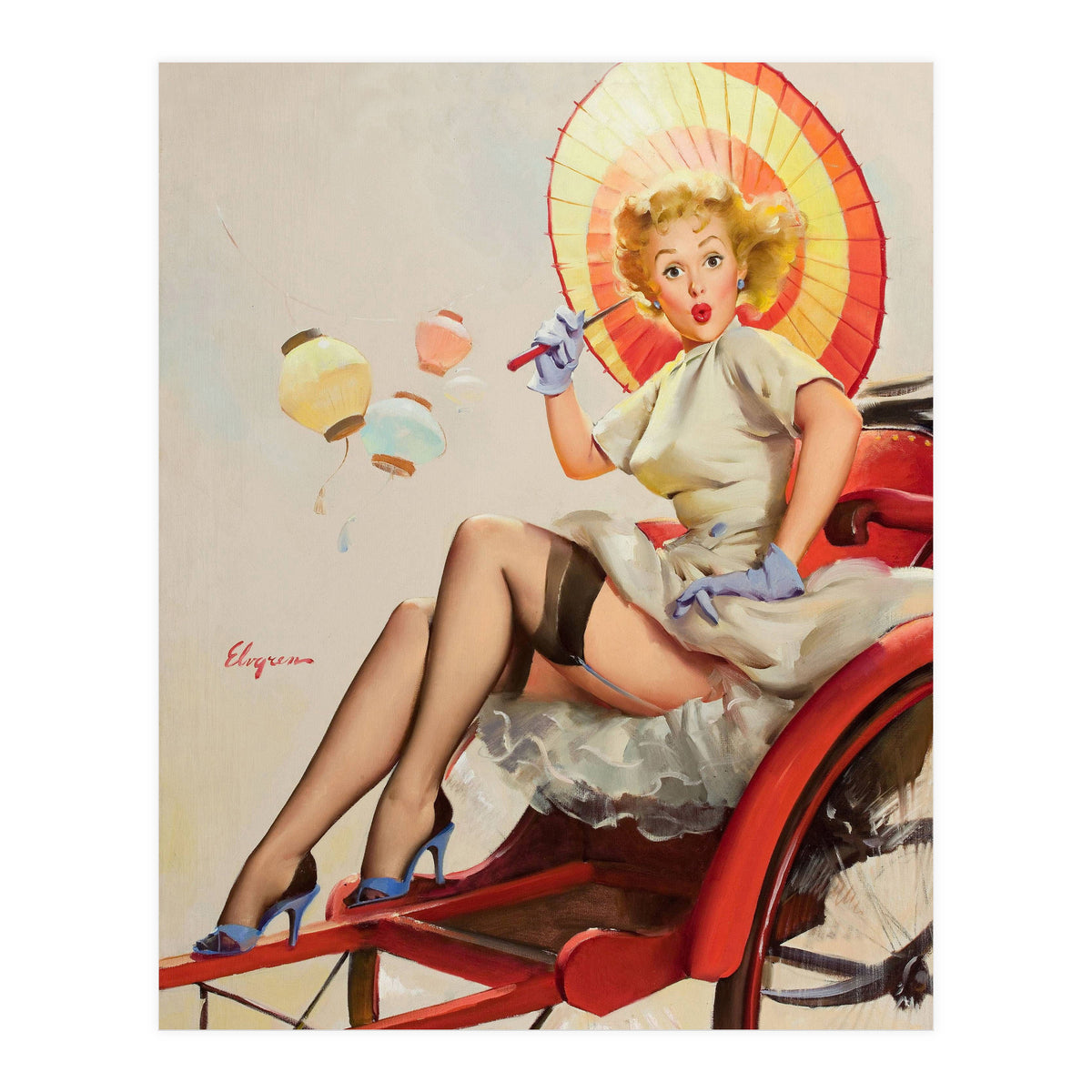 Pinup Girl In Rickshaw Experiencing Sudden Wind (Print Only)