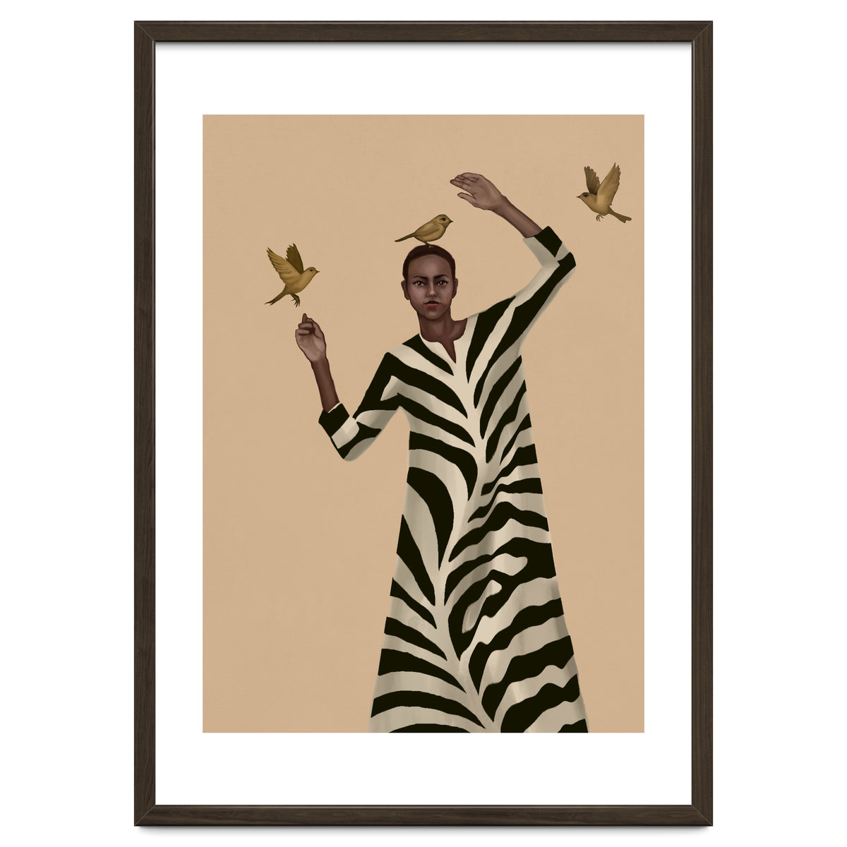 Woman With Birds And Zebra Pattern Dress