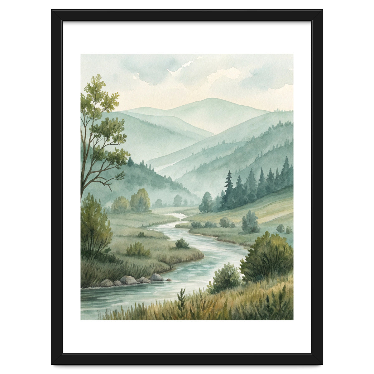 Serene River Valley in Soft Watercolor