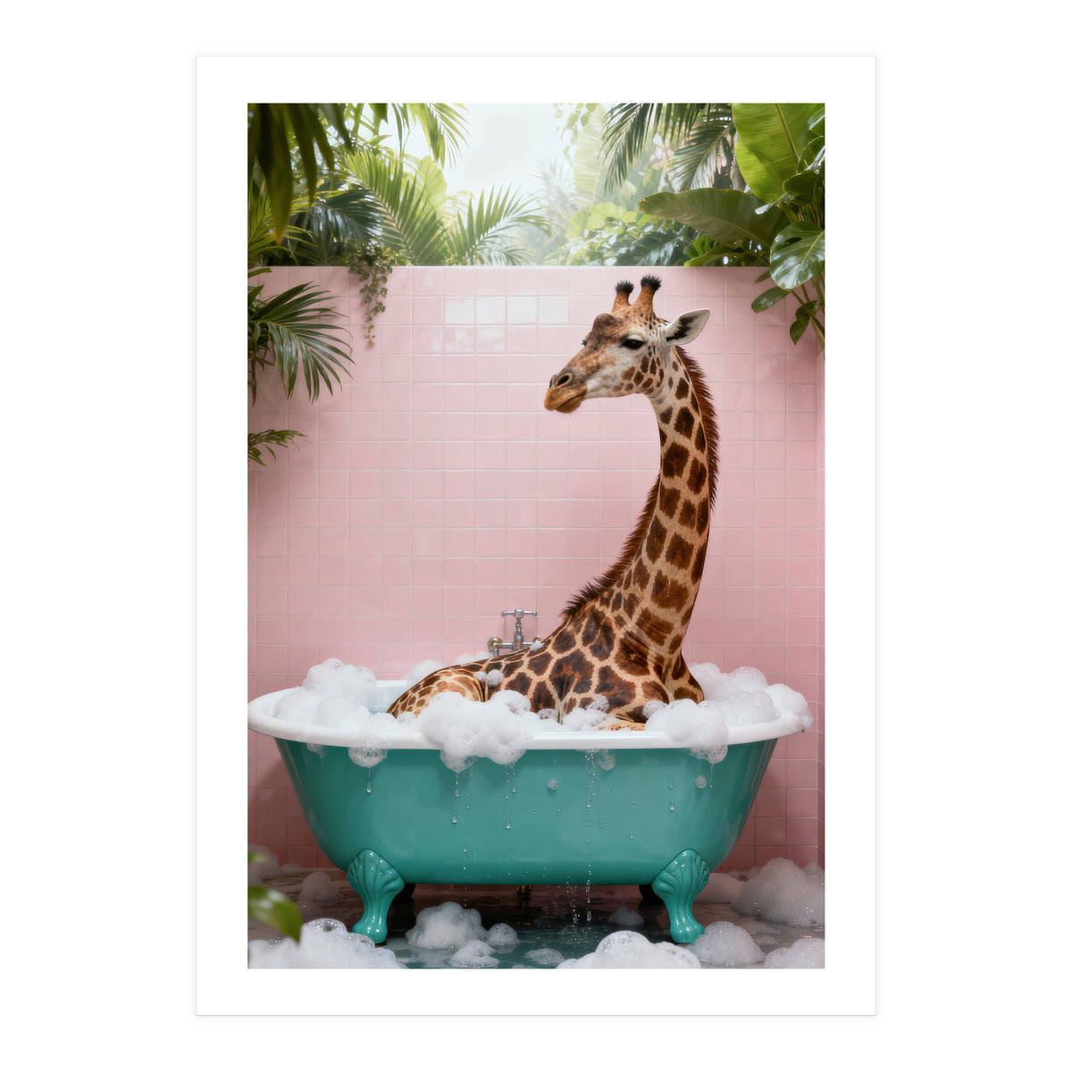 Giraffe in Bathtub, Whimsical Bathroom Art (Print Only)