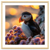 Puffin Bird Amidst Purple Flowers Golden Hour thumbnail