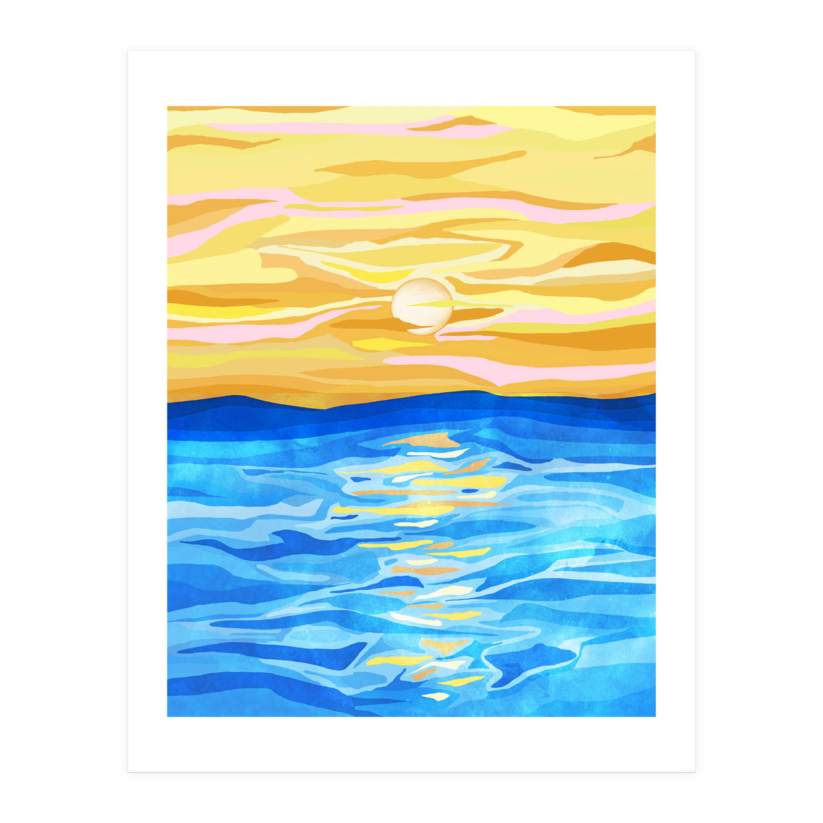 Sunsets & Romance, Ocean Watercolor Painting, Mosaic Eclectic Nature Landscape, Modern Boho Travel (Print Only)