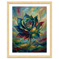Enchanted Teal and Gold Rose Impasto Oil Painting