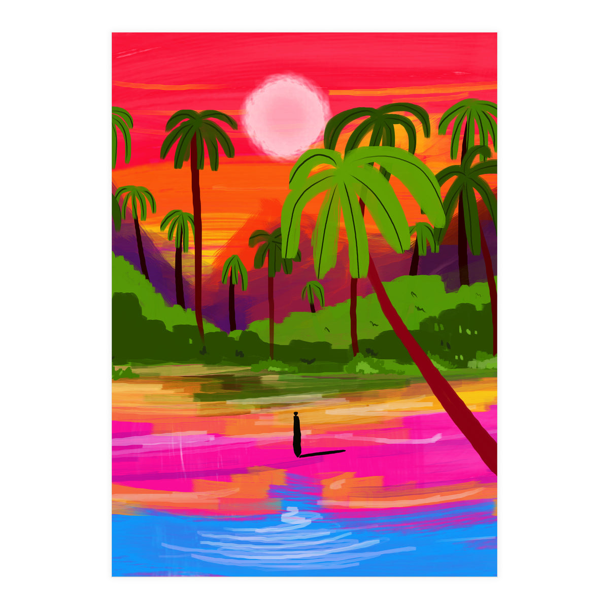 My Shadow & I, Sunset Painting Lake Beach Seashore, Tropical Nature Landscape Colorful Bohemian Traditional, Travel Concept Companion (Print Only)