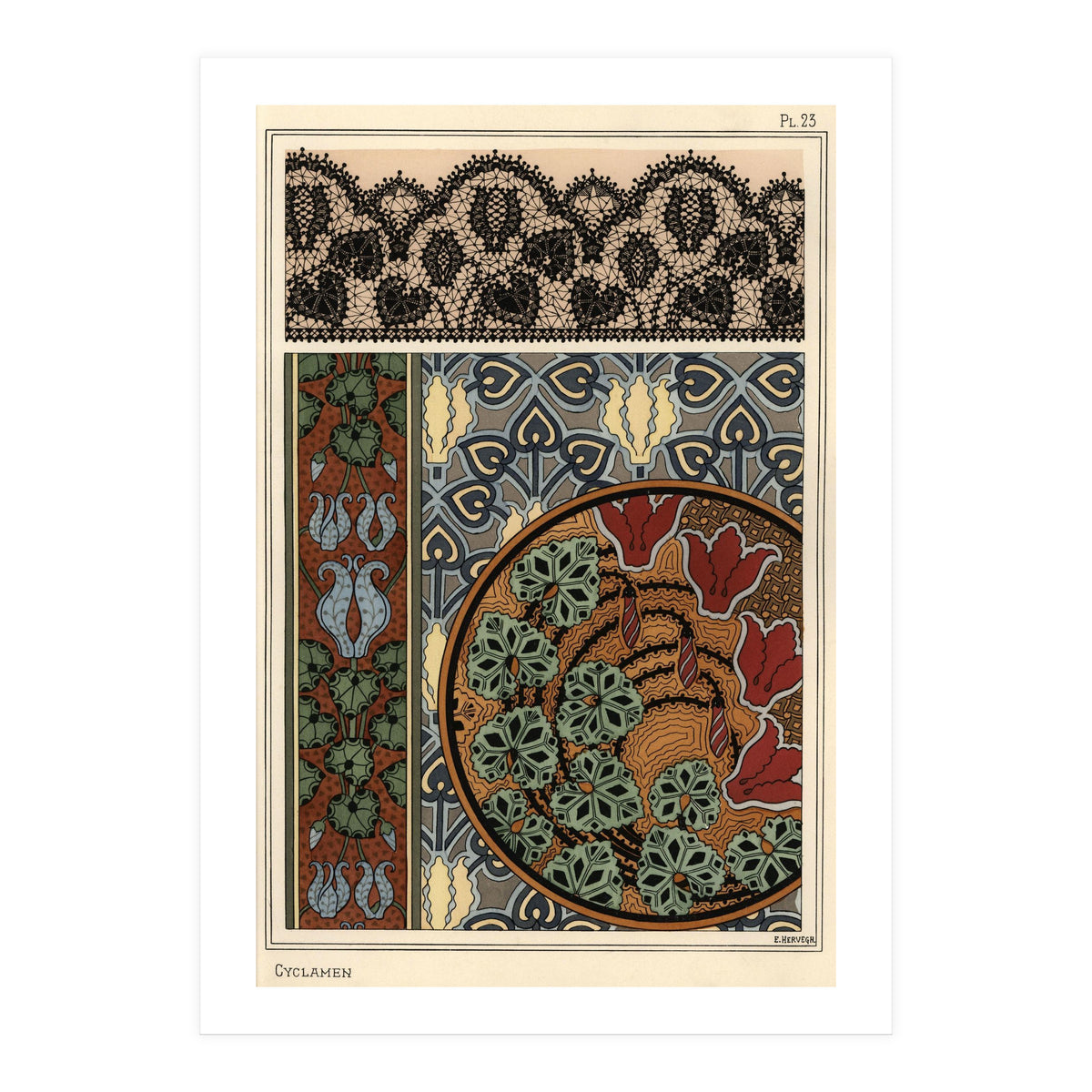 Cyclamen persicum motif in patterns for lace, wallpaper and fabric. (Print Only)