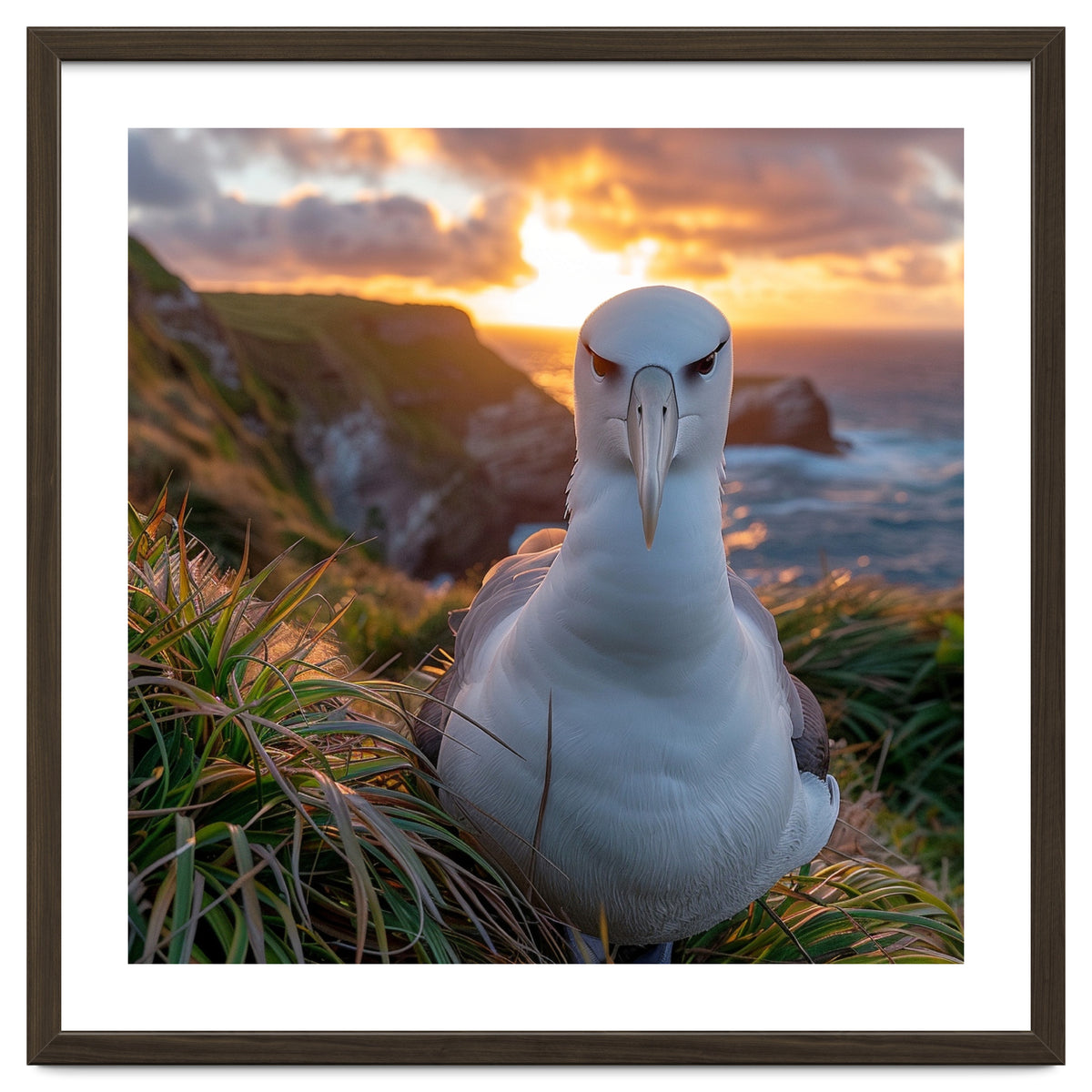 Albatross Bird On Grassy Cliff At Sunset