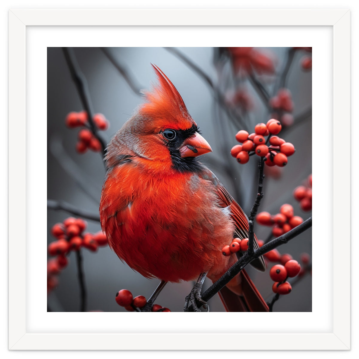 Northern Cardinal Bird Perched Among Red Berries