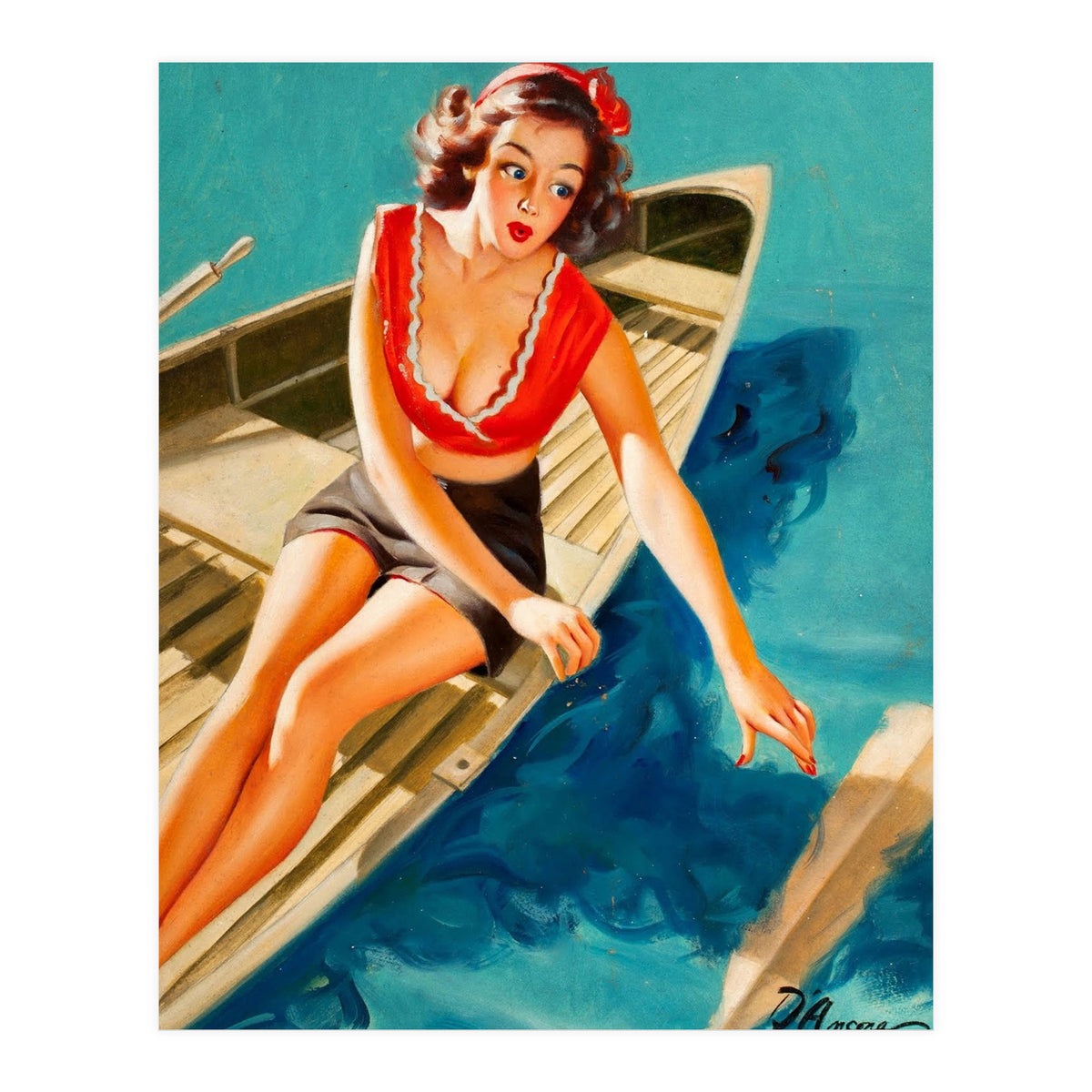 Pinup Sexy Girl In A Boat And A Lost Paddle (Print Only)