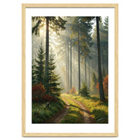 The Golden Path: Ethereal Sunbeams Piercing Through a Misty Evergreen Forest at Dawn