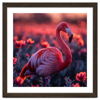 Pink Flamingo Bird Standing Among Flowers At Sunset