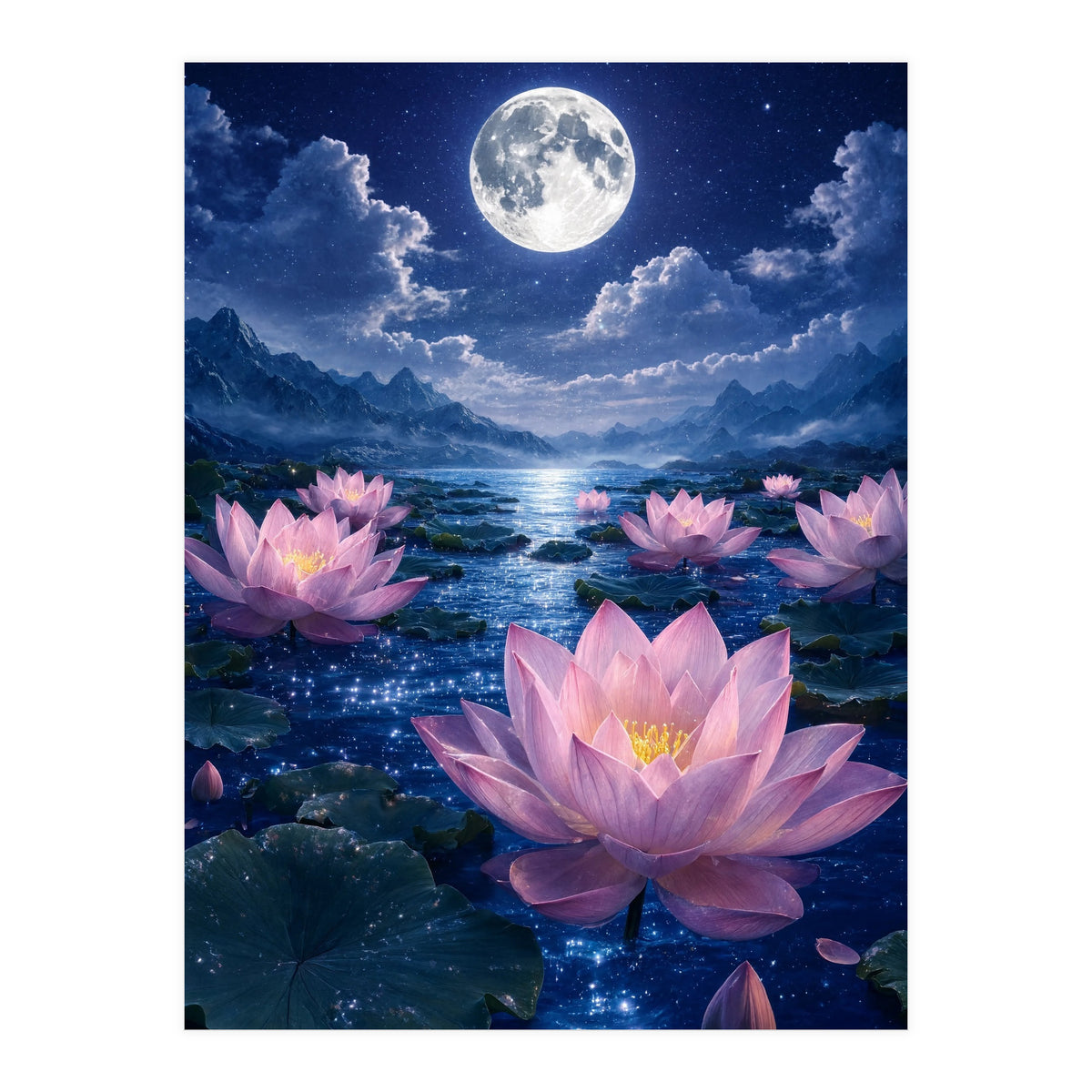 Moonlit Lotus Pond: Serene Nighttime Floral Landscape (Print Only)