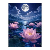 Moonlit Lotus Pond: Serene Nighttime Floral Landscape (Print Only)