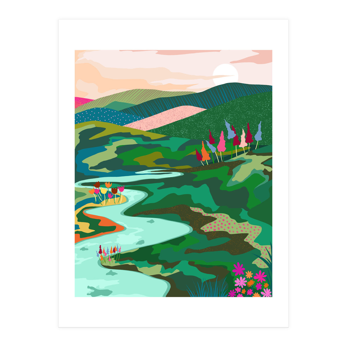 Endless Love, Bohemian Nature Landscape Scenic Meadow, Eclectic Colorful Travel Forest Mountains Sunset (Print Only)