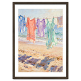 Laundry Drying by the Sea, Colorful Clothes on a Beach Clothesline, Coastal Summer Pastel Painting, Relaxing Ocean Shore Art Print thumbnail