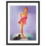 Pinup Girl On A Scale With Her Little Black Dog Behind thumbnail