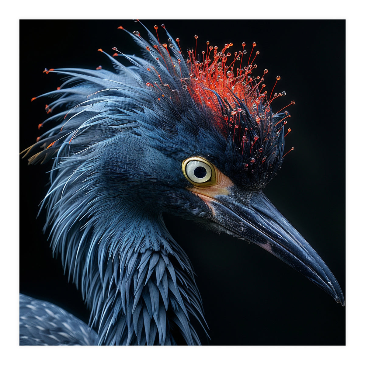Blue Heron Bird Head With Orange Crown  (Print Only)