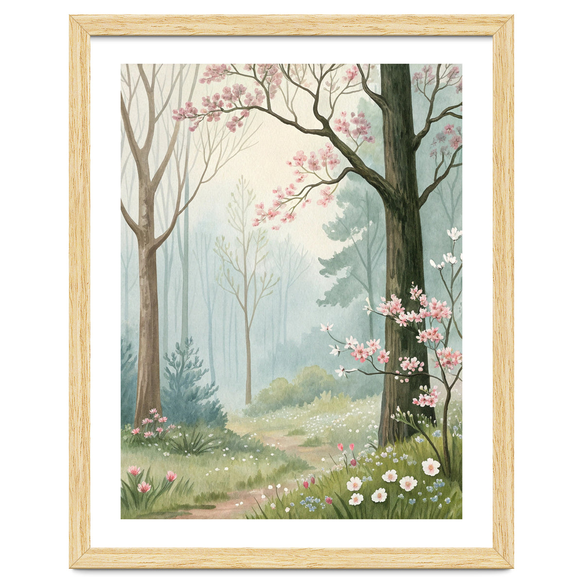 Enchanted Spring Woodland Path with Blooming Cherry Blossoms and Misty Pastel Forest Atmosphere