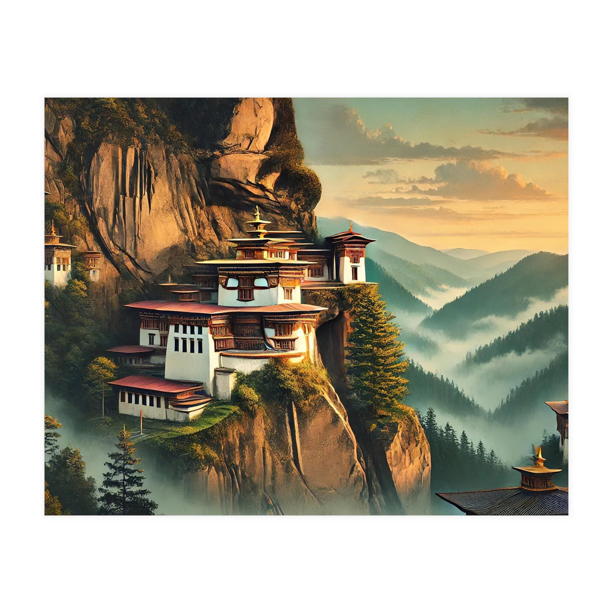 Vintage Bhutan, Mountain Monasteries Poster (Print Only)