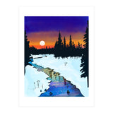 Purple Midnight, Snow River Full Moon Nature Landscape Painting, Winter Travel Adventure Places (Print Only) thumbnail
