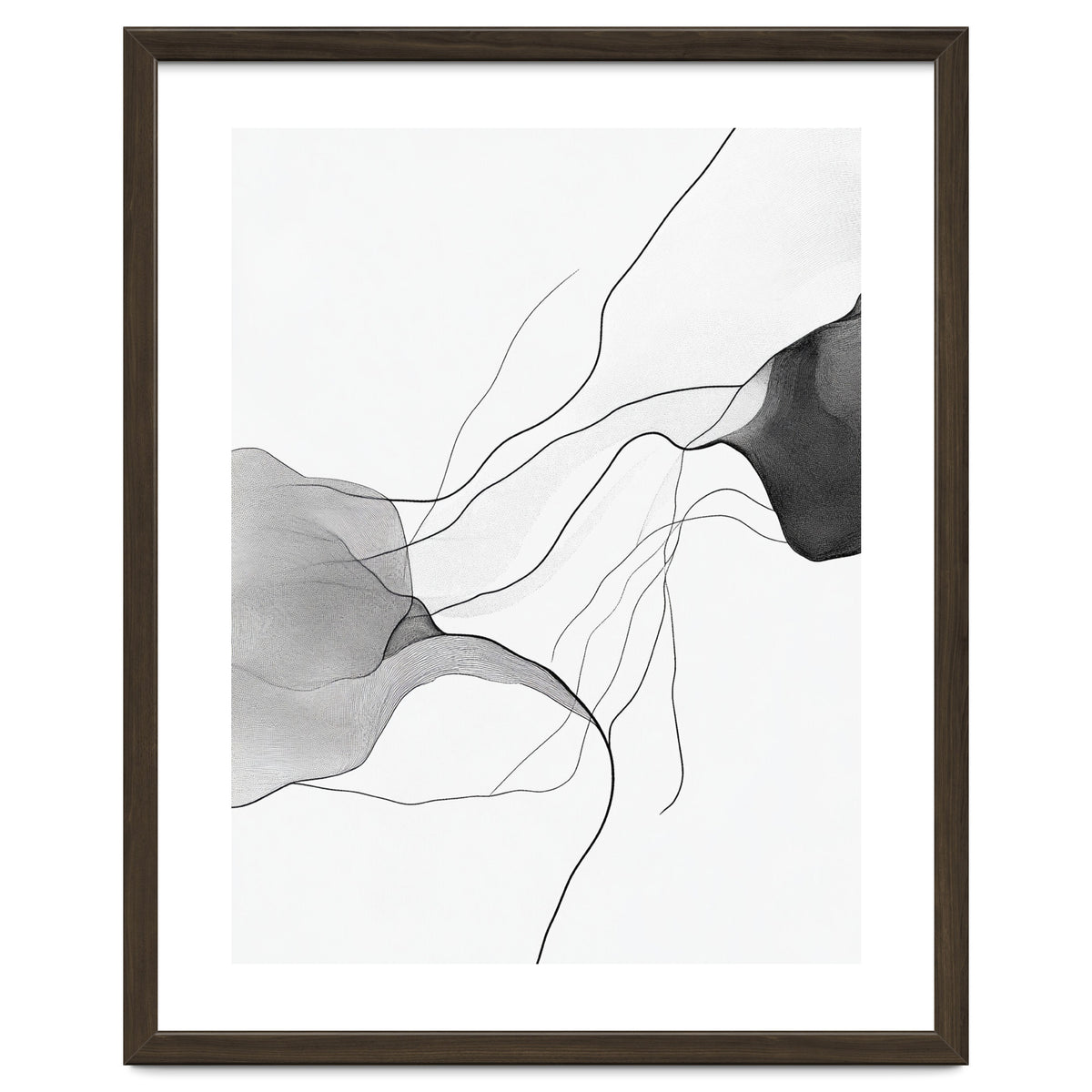 Abstract Black And White Flowing Lines And Shapes On White Background