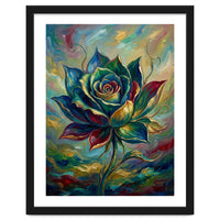 Enchanted Teal and Gold Rose Impasto Oil Painting