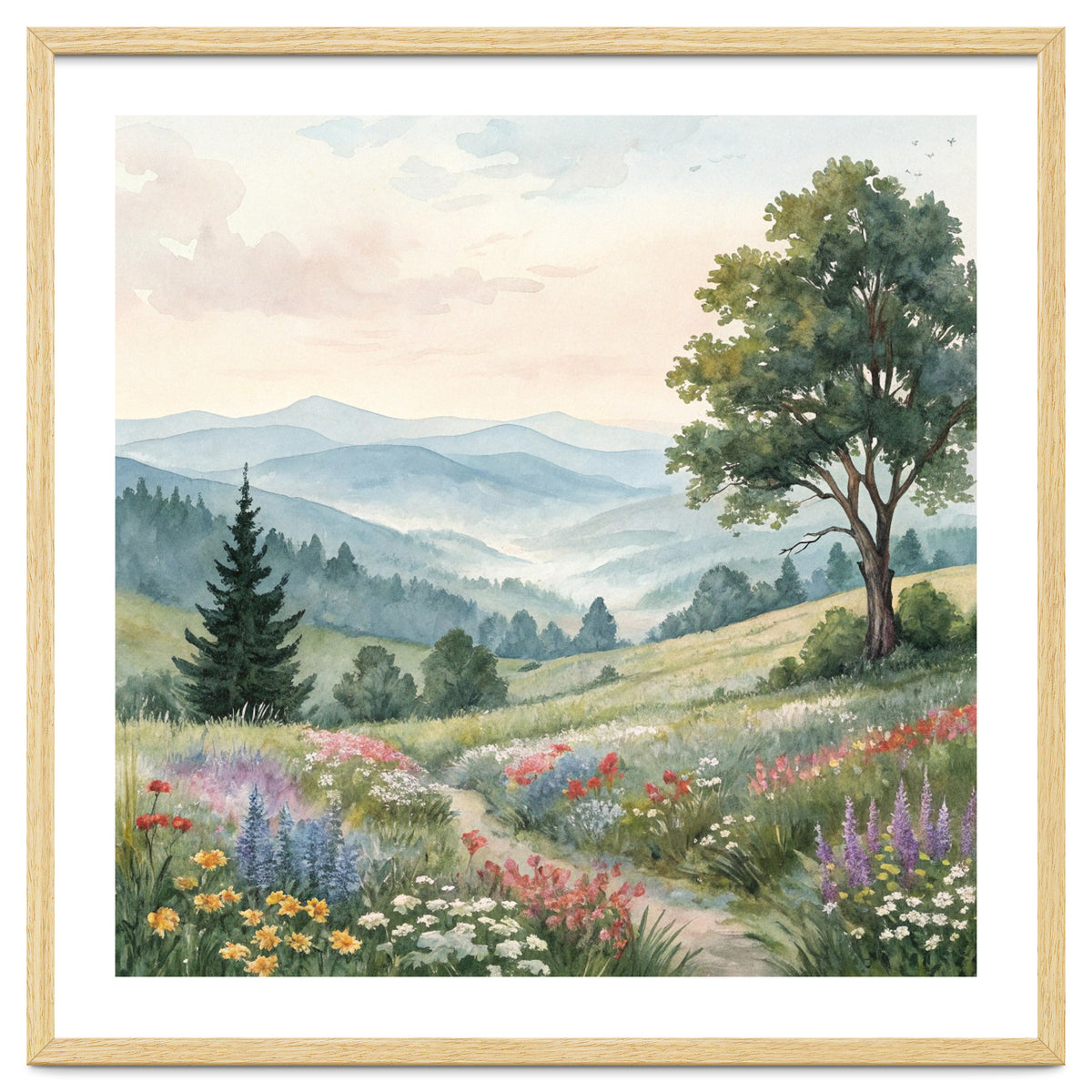 Serene Mountain Meadow Watercolor Landscape