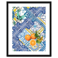 Mediterranean blue tiles, butterflies and citrus fruit