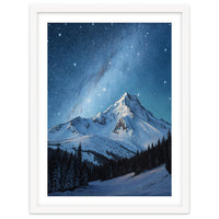 Majestic Snow-Capped Mountain Peak Under a Brilliant Starry Night Sky