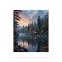 Serene Lakeside Retreat in Autumn Forest (Print Only)