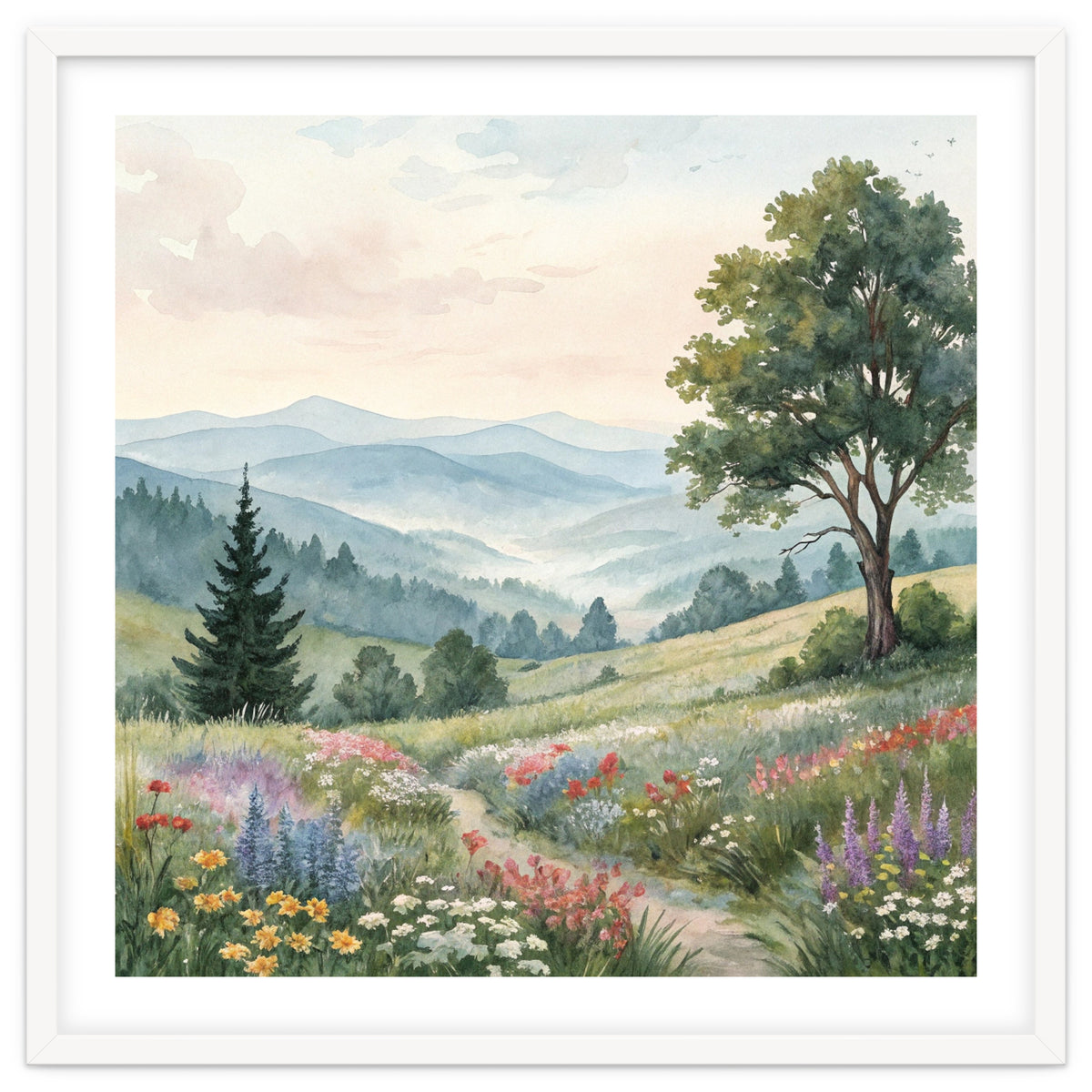 Serene Mountain Meadow Watercolor Landscape