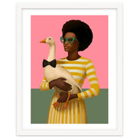 Stylish Woman Holding Goose In Striped Dress