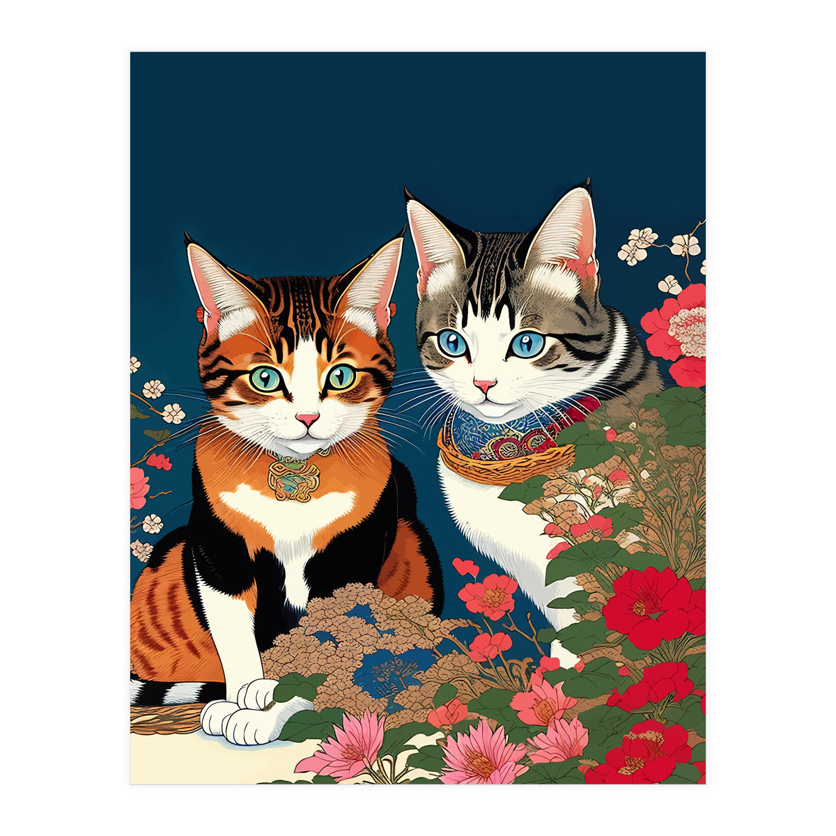 The Perfect Companion, Cute Cats Japanese Pets, Whimsical Animals Cat Vintage Love Friends Together (Print Only)