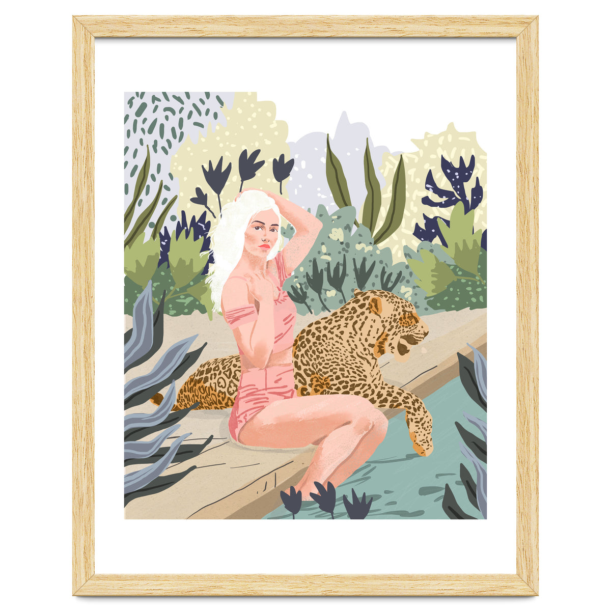 How to Train Your Leopard, Wild Cat Bohemian Woman Painting, Swimming Pool Bikini Summer Swim Animal