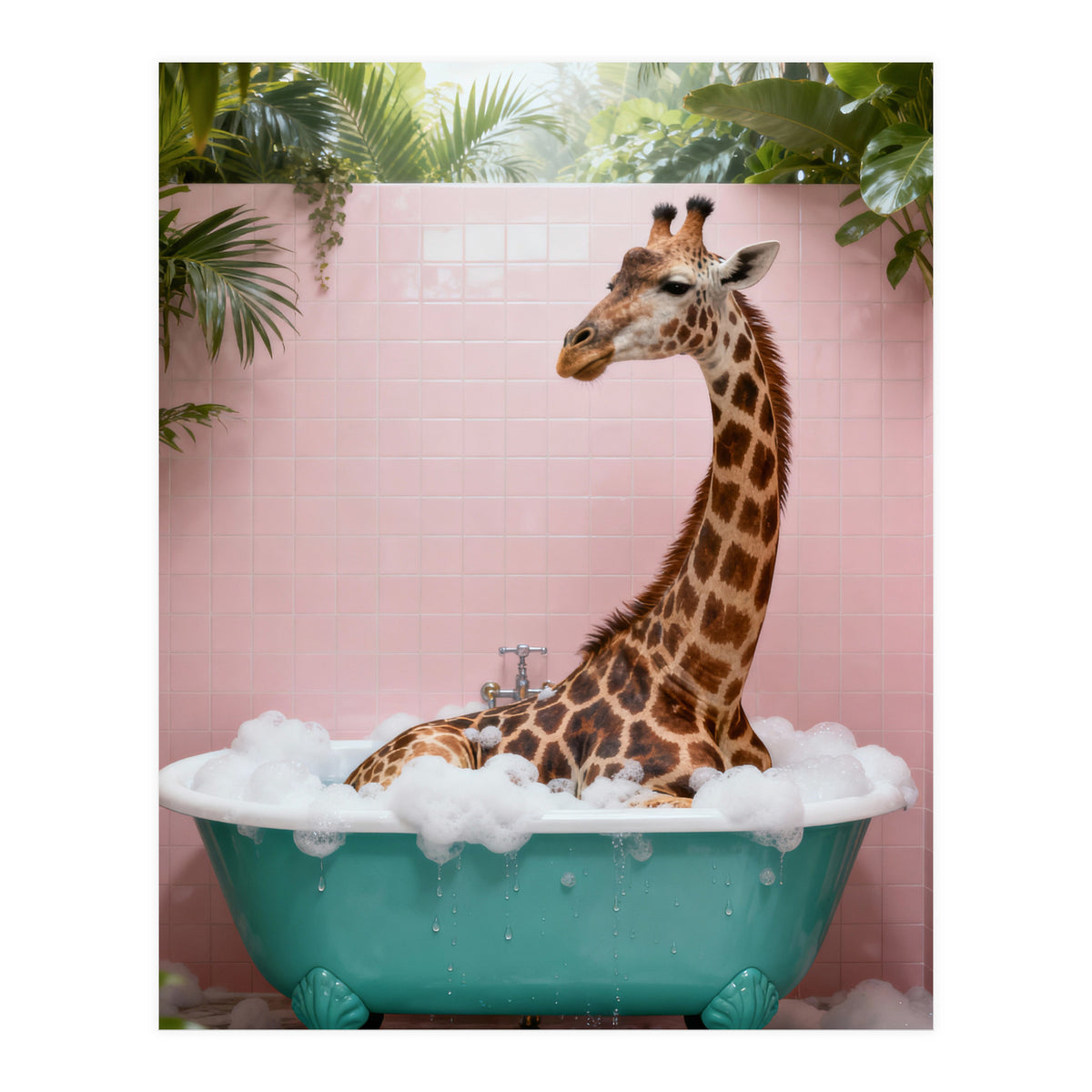 Giraffe in Bathtub, Whimsical Bathroom Art (Print Only)